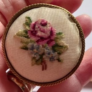 Vintage Floral Petit Point Pin, Needlepoint, Jewelry Trinket box